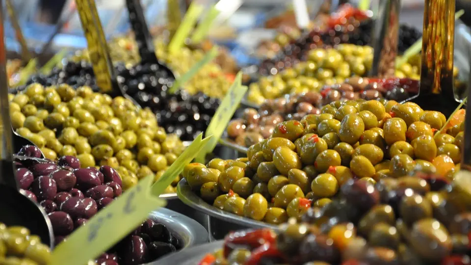 Marinated olives at the street market