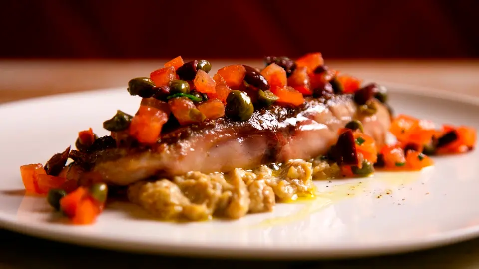 Baked turbot with roasted vegetables